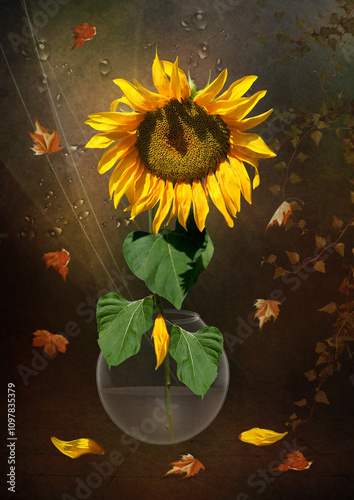 Sunflower flower in a glass vase against the background of autumn falling leaves. Digital art.