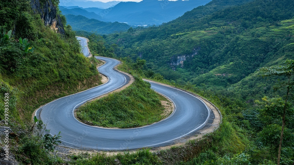 Road winding through a mountainous area, capturing the thrill of an adventure drive Road winding through a mountainous area, capturing the thrill of an adventure drive