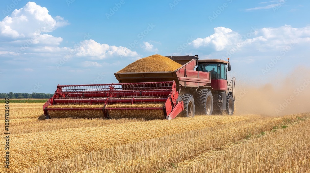 Fototapeta premium A red combine harvester is working in a large wheat field, gathering crops under a bright sky. The machine drives through rows of golden grain, leaving a trail of dust behind, showcasing modern