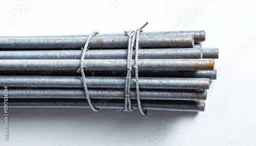 A bundle of metal reinforcing bars (rebar) tied together, showcasing their textured surface.

 photo