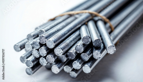 A bundle of metal reinforcing bars (rebar) tied together, showcasing their textured surface.

 photo