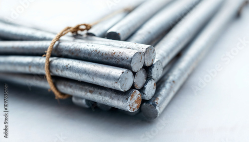 A bundle of metal reinforcing bars (rebar) tied together, showcasing their textured surface.

 photo