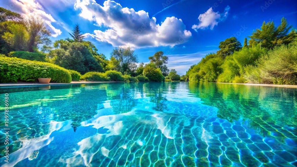 Crystal Clear Swimming Pool Water Reflections Under Bright Blue Sky, Perfect for Summer Relaxation and Outdoor Leisure Activities in a Beautiful Backyard Setting Crystal Clear Swimming Pool Water Reflections Under Bright Blue Sky, Perfect for Summer Relaxation and Outdoor Leisure Activities in a Beautiful Backyard Setting