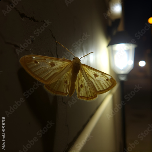 Clothes moth (Tineola bisselliella) - sitting on the wall at night, illuminated by an outdoor lamp photo