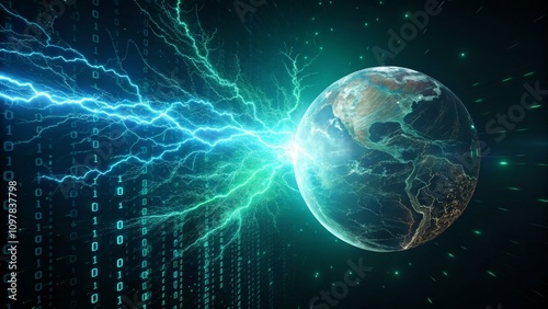 Earth in a glitched digital vortex, vibrant and dynamic, representing connectivity and innovation, against a cosmic background
