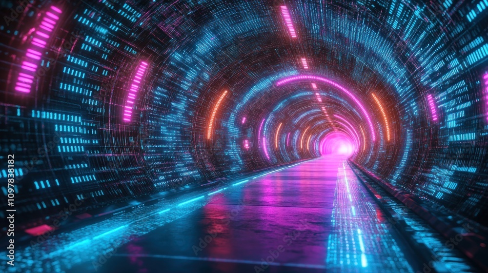 Neon Lit Digital Tunnel Pathway Leading To Light Neon Lit Digital Tunnel Pathway Leading To Light
