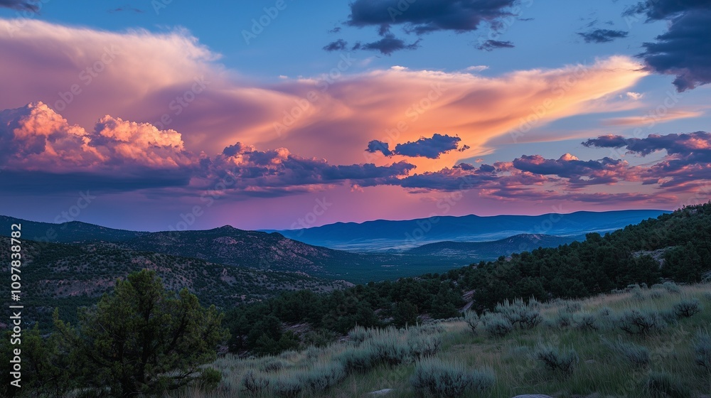 rose sky with clouds on a mountain landscape with green nature rose sky with clouds on a mountain landscape with green nature