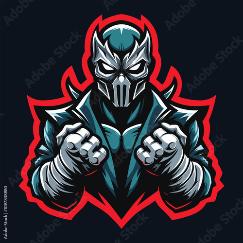 Fierce and dynamic esports logo featuring a masked warrior with glowing eyes, clenched fists wrapped in bandages, and a bold red outline.