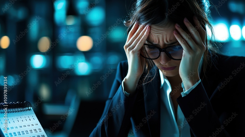businesswoman anxiety balance Concept. A stressed woman in glasses holds her head in her hands, surrounded by a dimly lit office, conveying feelings of anxiety and overwhelm. businesswoman anxiety balance Concept. A stressed woman in glasses holds her head in her hands, surrounded by a dimly lit office, conveying feelings of anxiety and overwhelm.