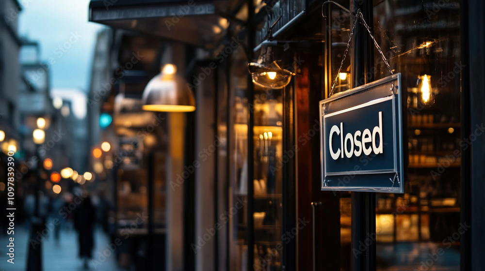 Obraz premium Closed boutique storefront with elegant window display, symbolizing the end of a day and the anticipation of a new beginning