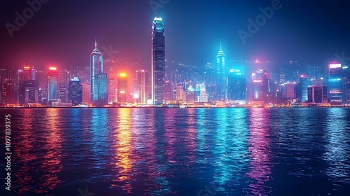 Captivating Aerial View of City Skyscrapers at Night with Vibrant Lights and Urban Energy photo