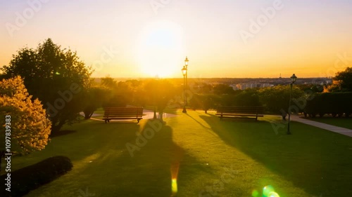 Golden Hour Serenity: A peaceful park bathed in the warm glow of a setting sun, casting long shadows across the lush green grass and inviting a sense of tranquility. 