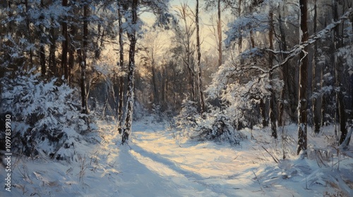 Snowy trees in a dense winter forest, creating a tranquil and peaceful scene