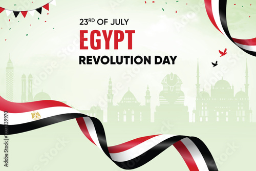 Egypt Flag Waving On Skyline Background. Revolution Day Concept Design Vector Illustration.