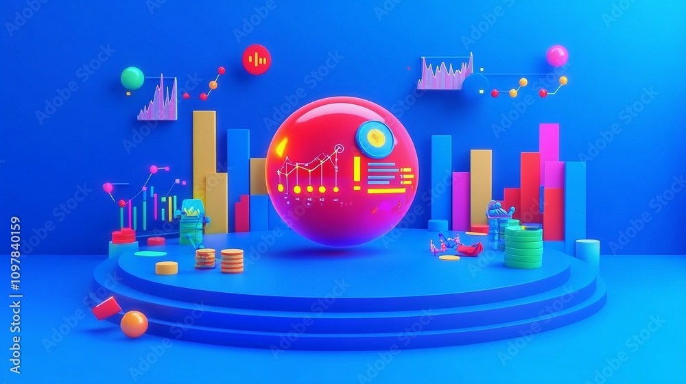 Obraz premium 3D Futuristic Sphere with Rotating Charts and Graphs Display