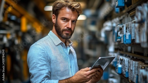 A man is standing in a warehouse with a tablet in his hand