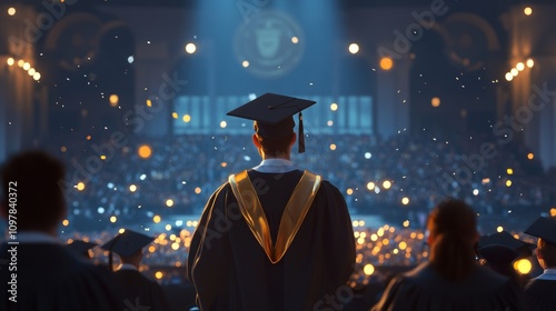 Student graduation ceremony scene with cap and gown, capturing the joy and pride of accomplishment photo