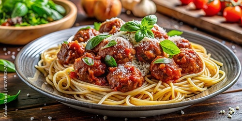 Wallpaper Mural Delicious Italian Bolognese Spaghetti with Meatballs, Fresh Basil, and Parmesan Cheese Served on a White Plate, Perfect for Dinner or Lunch with a Rich Tomato Sauce Torontodigital.ca