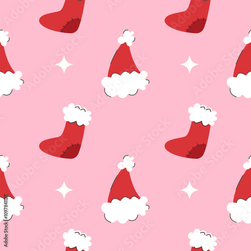 Christmas trend background. Seamless pink pattern with christmas stocking and hat. Texture for print, textile, fabric, packaging.