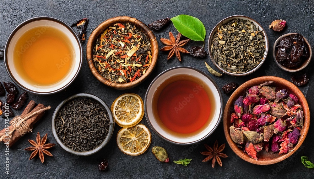 Assortment of tea cups, dried leaves, fruit and herbs in bowls on dark, stone background Assortment of tea cups, dried leaves, fruit and herbs in bowls on dark, stone background