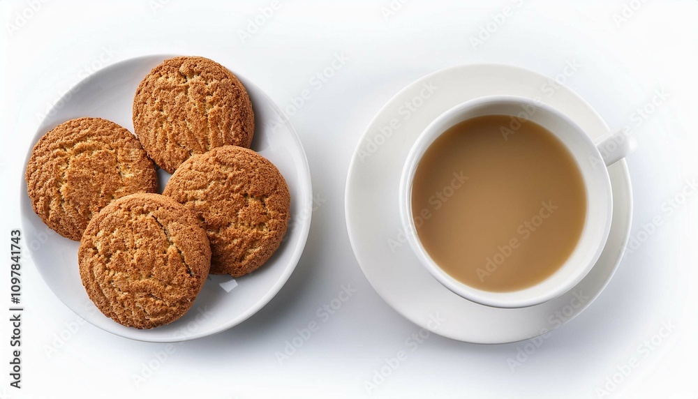 Cup of tea with milk and one and half crunchy oat and wholemeal biscuits isolated on white Cup of tea with milk and one and half crunchy oat and wholemeal biscuits isolated on white