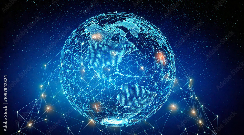 Obraz premium A virtual globe made of glowing network nodes