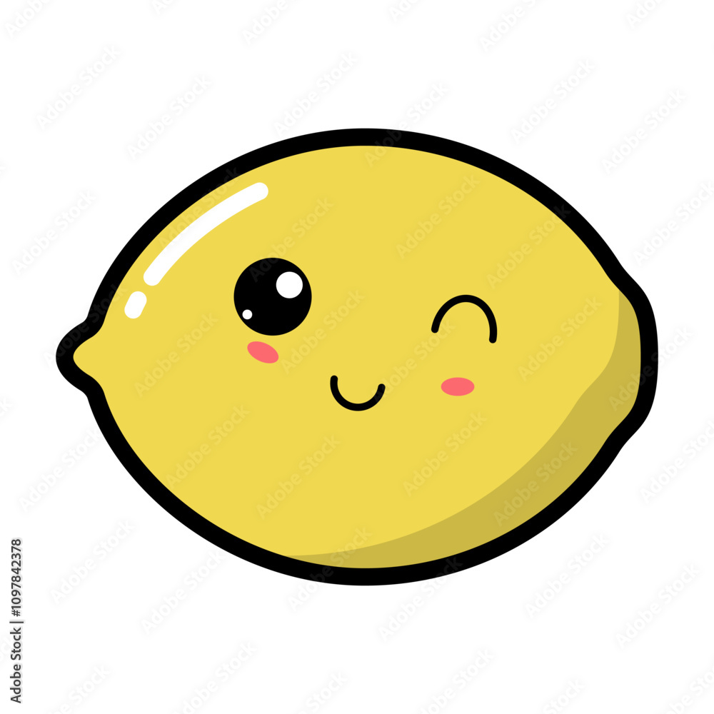 Fototapeta premium Kawaii lemon with cute black eyes vector illustration. Kawaii fruit with emotional face