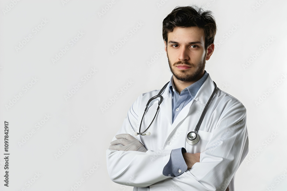 young doctor in white coat looking at camera isolated on white young doctor in white coat looking at camera isolated on white