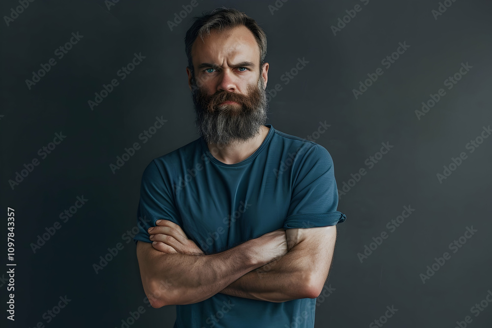Serious bearded man standing with crossed arms and looking at camera Serious bearded man standing with crossed arms and looking at camera