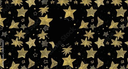 Gold Star pattern hand drawn design on Black background illustration