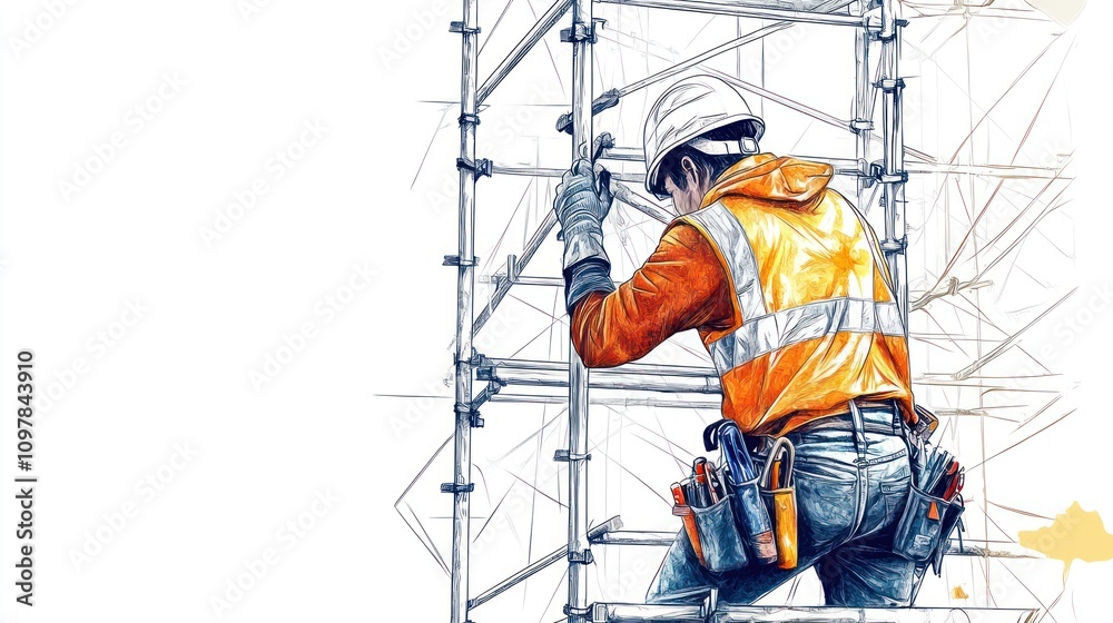 Construction Worker on Scaffolding Illustration: A Detailed Sketch of a Worker in Safety Gear Construction Worker on Scaffolding Illustration: A Detailed Sketch of a Worker in Safety Gear