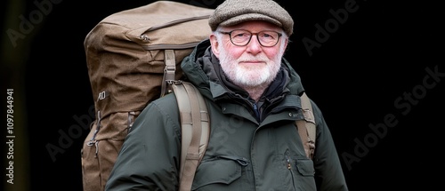 A rugged man in a green coat and cap carries a large backpack, ready for an outdoor adventure in nature.