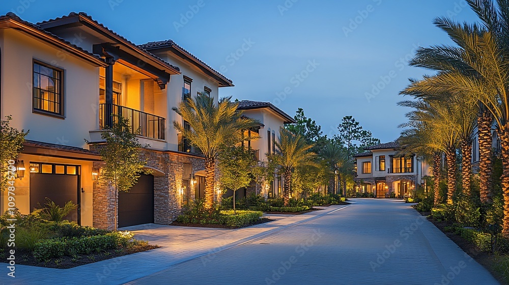 Naklejka premium Luxury Mediterranean-style homes at dusk.