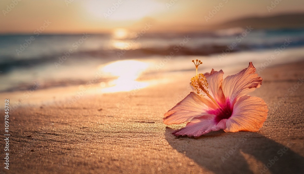Summer inspired background with beautiful sandy beach and hibiscus Summer inspired background with beautiful sandy beach and hibiscus
