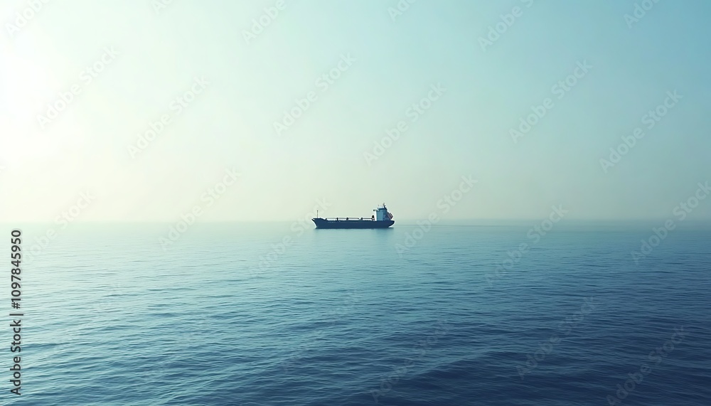 Fototapeta premium A solitary cargo ship floats on calm waters under a hazy sky.
