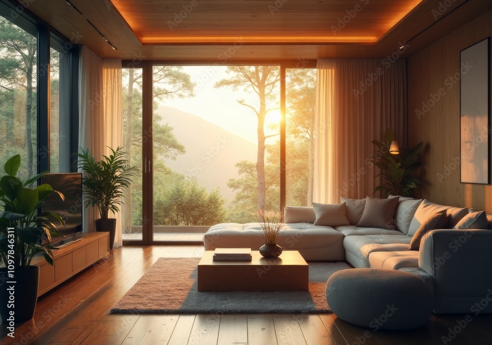 Fototapeta premium Cozy living room with modern decor and sunset view in natural setting.