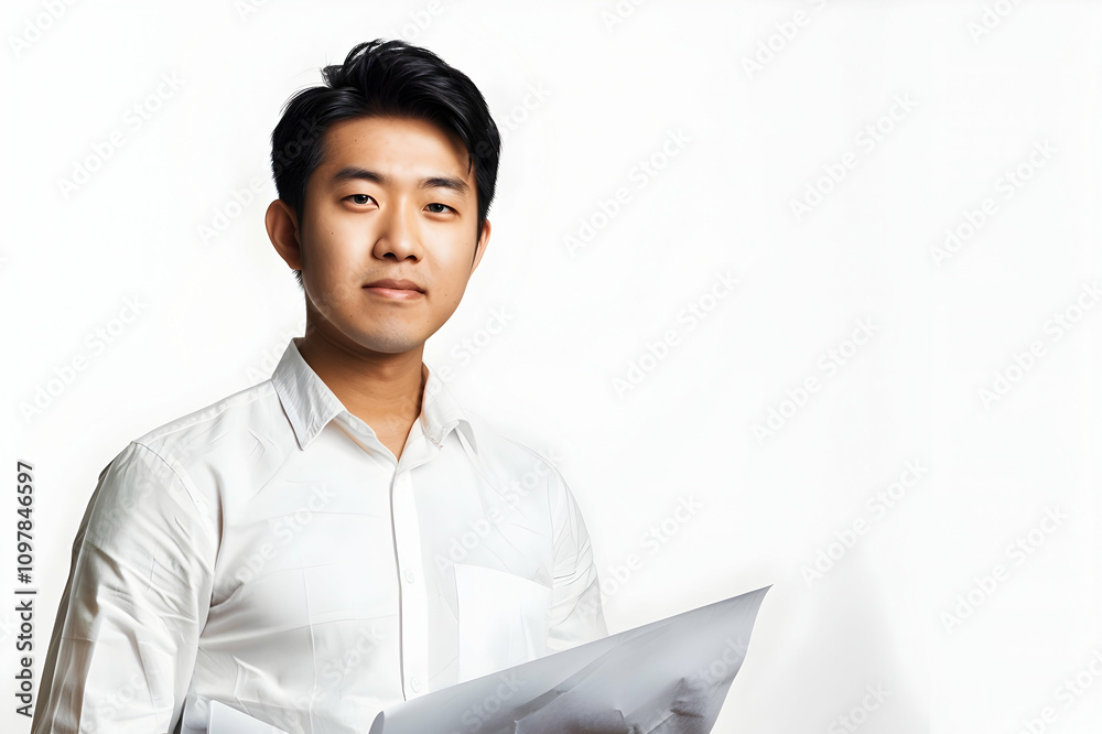 serious young asian architect with building plan isolated on white serious young asian architect with building plan isolated on white