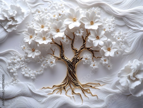 A tree of life on a white background adorned with delicate white flowers and elegant gold accents