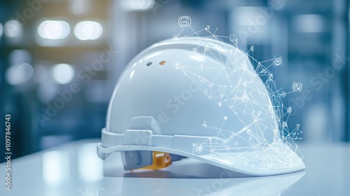 A white safety helmet accented with yellow and orange details rests on a smooth white surface. photo