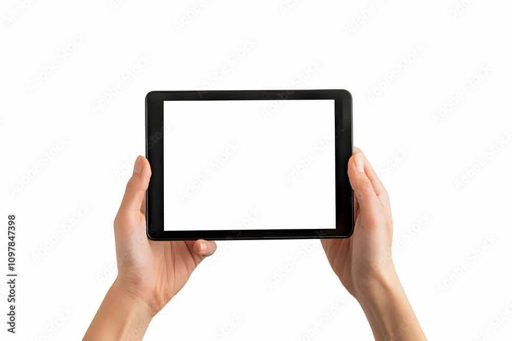 partial view of hands holding digital tablet with blank screen isolated on white partial view of hands holding digital tablet with blank screen isolated on white