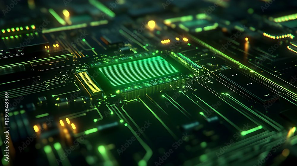 A glowing green microchip on a futuristic circuit board, emphasizing high-tech design and advanced computing. A glowing green microchip on a futuristic circuit board, emphasizing high-tech design and advanced computing.
