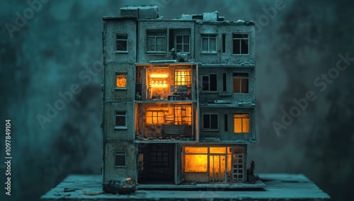 A Small Model of a City Building with Warm Lights Shining Through Windows