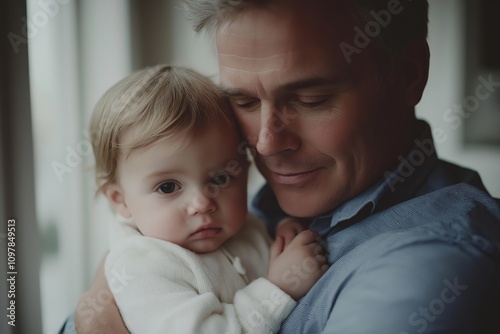 A gentle moment of a father holding his young child close by a window, capturing a serene and intimate expression in a softly lit indoor setting