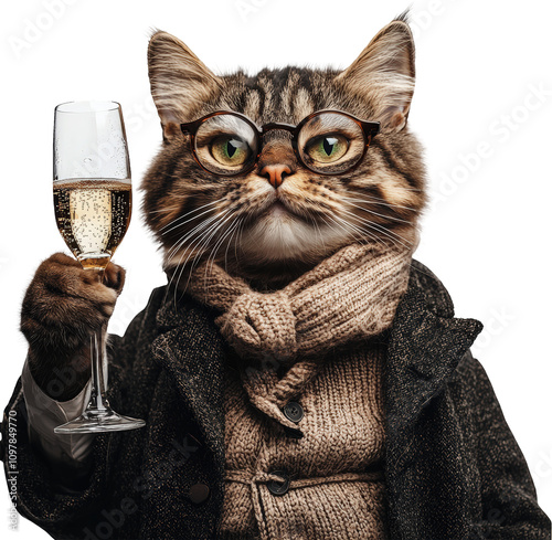 Dapper cat in glasses toasting with champagne