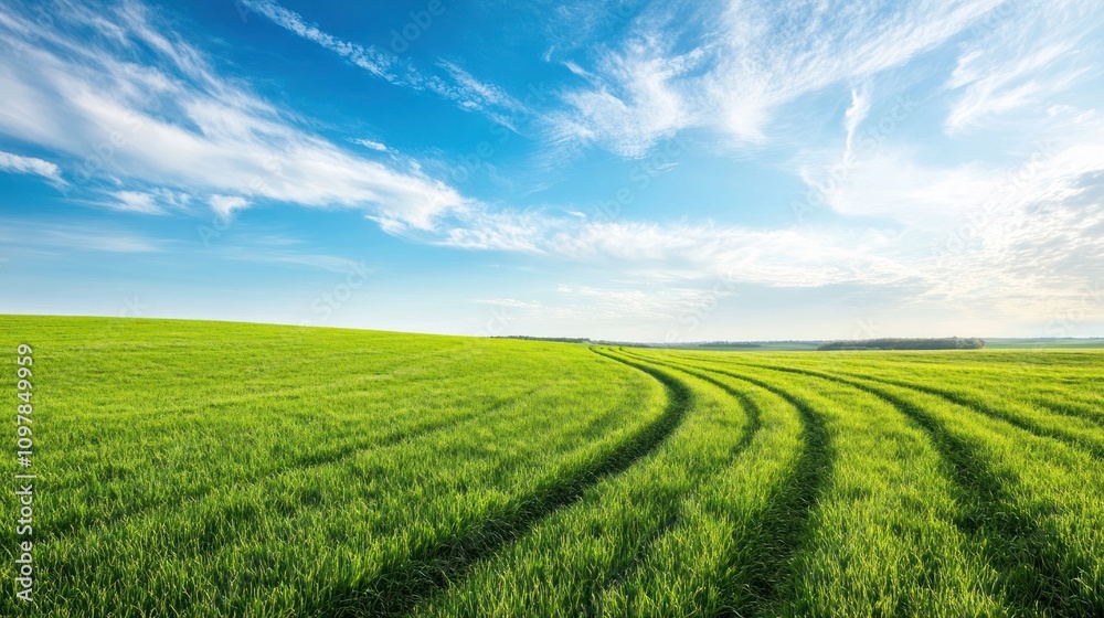 Fototapeta premium a green field leading into the distance and a vast blue sky creating a tranquil outdoor