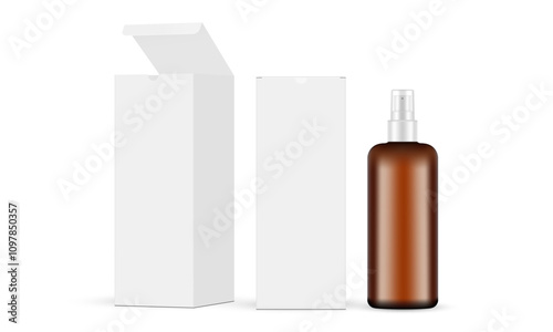 Rectangular Boxes With Tall Amber Spray Bottle, Front And Side View, Opened And Closed Lid. Vector Illustration
