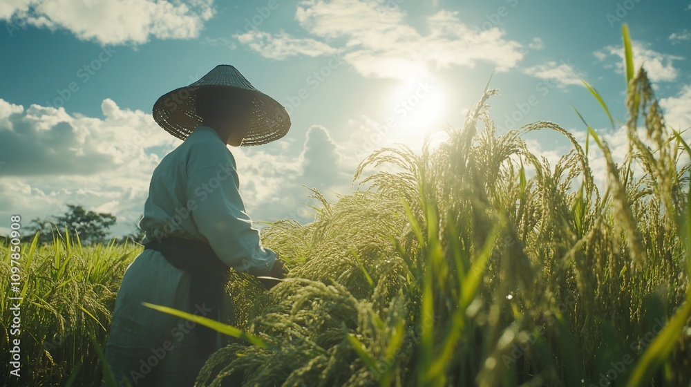 Fototapeta premium Farmer harvesting rice in a paddy field at sunset.