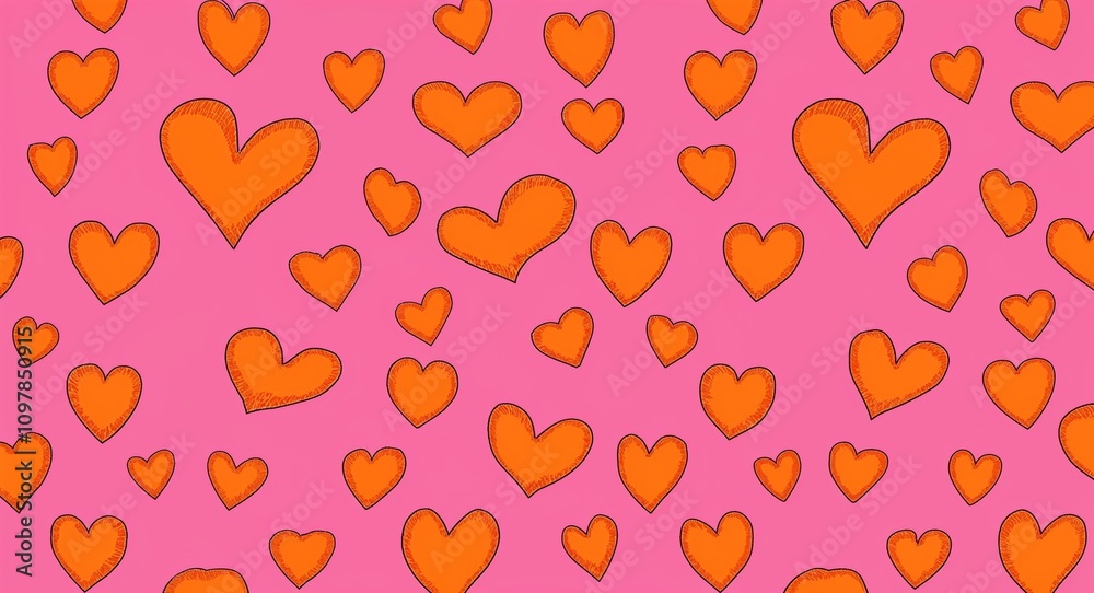 Orange Heart pattern hand drawn design on Pink background illustration Orange Heart pattern hand drawn design on Pink background illustration