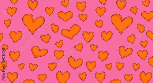 Orange Heart pattern hand drawn design on Pink background illustration