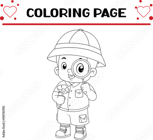 adventurous boy is observing sunflowers with magnifying glass coloring page for kids